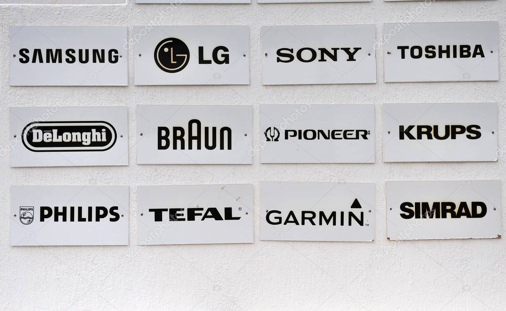 NAOUSSA, GREECE - MARCH 31: List of home appliances and electronic international brands, Greece on March 31, 2018.