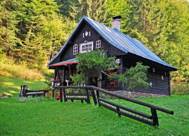 Düşük Tatras, Korytnica Köyü, Slovakya güzel siyah ahşap evde
