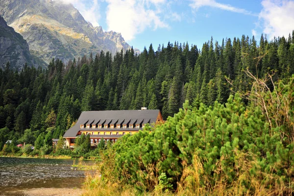 Paysage Montagne Été Avec Maison Bois Lac Arbres Slovaquie — Photo