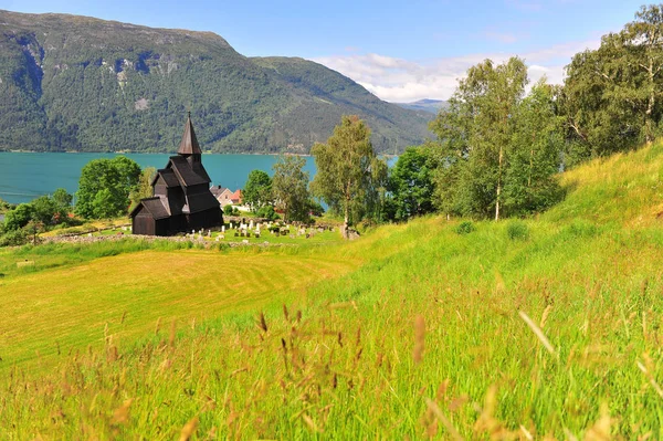 Prachtige houten staafkerk op fjorden — Stockfoto