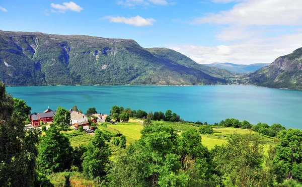 Ovanifrån av Ornes by på fjorden — Stockfoto