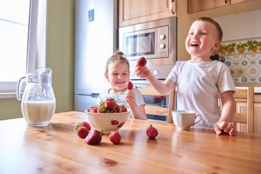 Mutfakta çilek yiyip süt içen iki güzel çocuk. Çocuklar eğleniyor.. 
