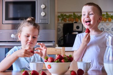 Mutfakta çilek yiyip süt içen iki güzel çocuk. Çocuklar eğleniyor.. 