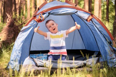 Çocuk, çam ormanındaki bir çadırda yaşamaktan zevk alıyor. Sağlıklı yaşam tarzı kavramı
