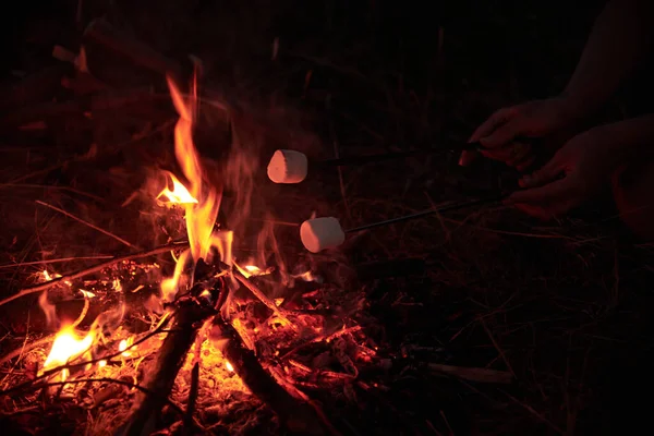 Marshmallows, die im Dunkeln auf offenem Feuer braten. Essen, Natur, Reisen — Stockfoto