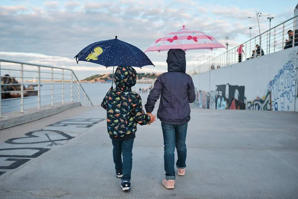 Petit frère et soeur marchant sous des parapluies Images De Stock Libres De Droits