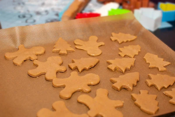 Roher Teig Form Von Lebkuchen Von Weihnachtsbäumen Und Männchen Liegen — Stockfoto