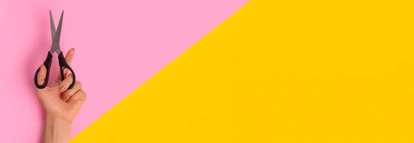 Scissors Woman Left Hand Banner Bright Pink Yellow Split Half — Stock Photo, Image