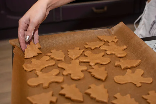 女性の手がクリスマスクッキーをベーキングシートに広げて焼く 選択的焦点 — ストック写真
