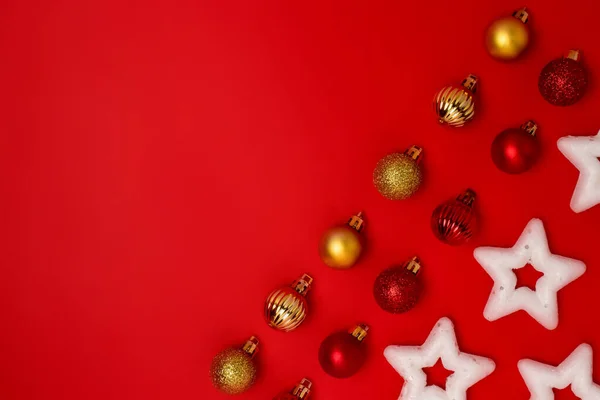 Christmas Composition Red Background Stars Christmas Decorations Gold Red Balls — Stock Photo, Image