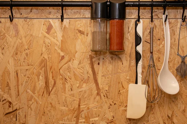 Diseño Moderna Cocina Casera Estilo Loft Rústico Pared Madera Con —  Fotos de Stock