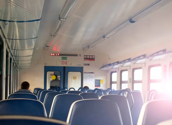 Rows Blue Soft Seats Passenger Train Car Bright Sun Shines — Stock Photo, Image