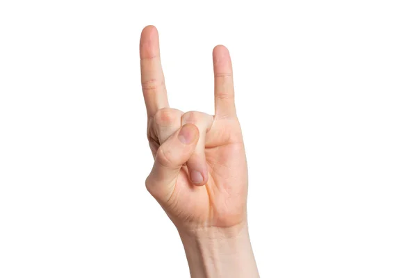 Człowiek Ręka Pokazać Znak Rock Kozi Gest Izolowany Białym Tle — Zdjęcie stockowe