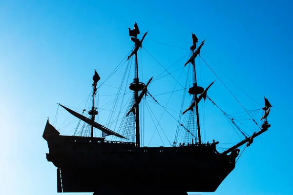 Silhouette Frigate Blue Clear Sky Three Masted Sailing Ship Soaring — Stock Photo, Image