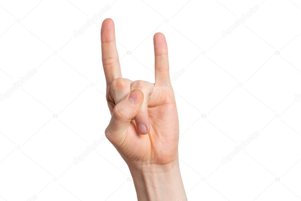 man hand show rock sign, goat gesture isolated on white background. horizontal photo.