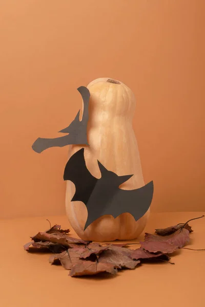 Autumn composition in warm orange monochrome tones with an emphasis on black paper bats. Pumpkin on an orange background, leaves are scattered nearby. The pumpkin is decorated with two black mice