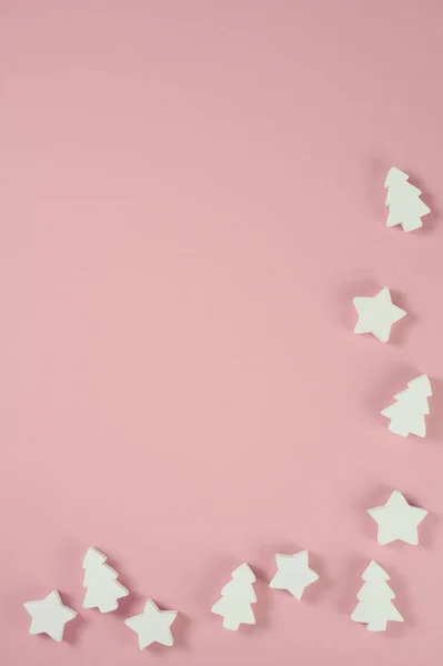 Fond Noël Rose Avec Des Étoiles Des Arbres Bois Blanc — Photo