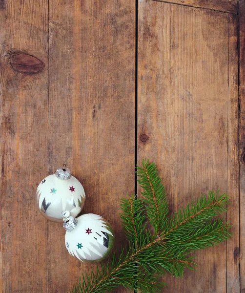 Jul Bakgrund Vintage Christmas Tree Dekorationer Över Träbord — Stockfoto