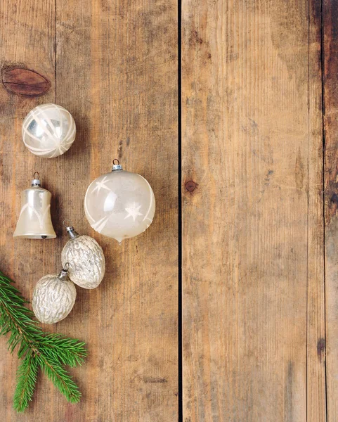 Christmas background Vintage Christmas tree decorations over wooden table