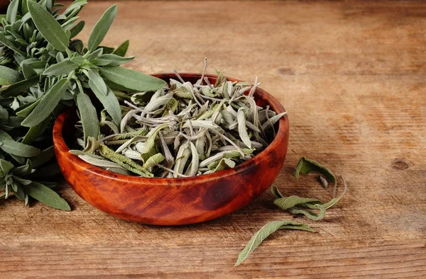 Bowl Dried Sage Fresh Sage Wooden Background — Stock Photo, Image