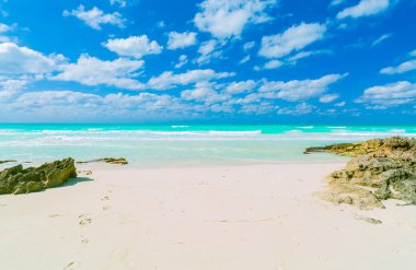 güzel inanılmaz, muhteşem doğal peyzaj görünümünü Santa Maria Küba Adası, tropikal plaj giriş, sakin turkuaz okyanus güneşli yaz gününde davet geçit