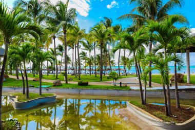 Varadero, Küba, Paradisus Varadero resort, Eylül 2, 2018, güzel, büyüleyici, muhteşem görünümü otel gerekçesiyle, tropikal bahçe, plaj ve arka plan güneşli büyük günde rahatlatıcı sakin okyanus
