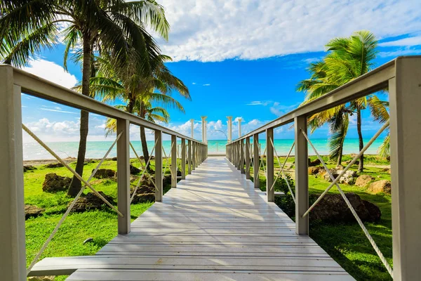 Great Beautiful View Walkway Bridge Leading Tranquil Inviting Ocean Beach — Stock Photo, Image