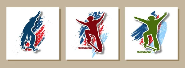 Impostare silhouette luminosa di skateboarder facendo salto trucco su sfondo grunge bandiera americana. Manifesto elegante, banner — Vettoriale Stock
