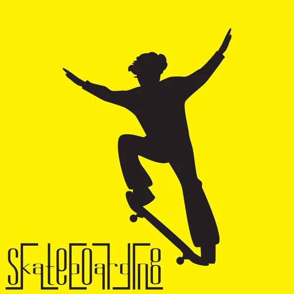 Silhouette di skateboarder facendo salto isolato su sfondo giallo. Poster elegante, striscione. Vettore — Vettoriale Stock