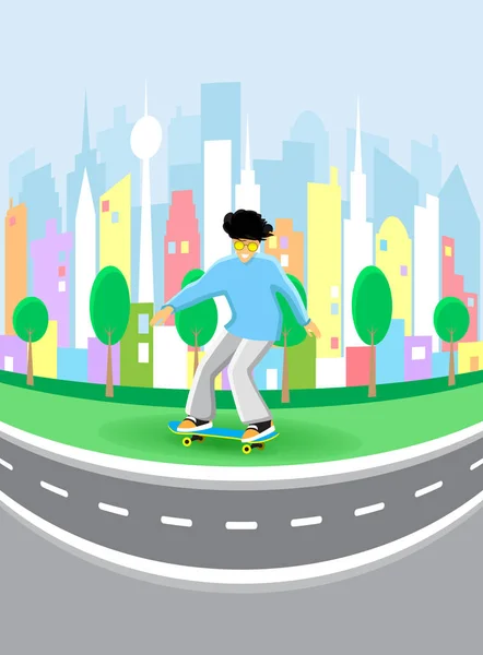Young guy rides on skateboard on city streets. Flat design. Vector