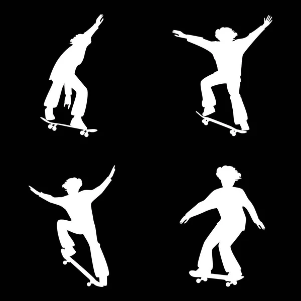 Silhouette di skateboarder isolati su sfondo nero. Vettore — Vettoriale Stock