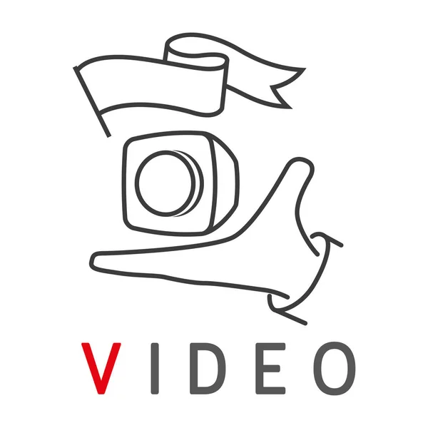 Menschenhand mit kleiner Würfel-Action-Kamera. Emblem für das Logo eines Videoblogs oder einer Sportveranstaltung. einfacher linearer Vektor — Stockvektor