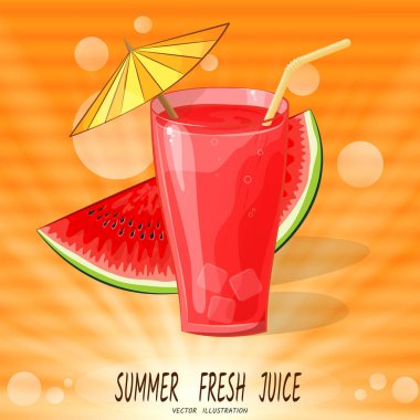 Cam şemsiye ve ışınları, turuncu arka plan ve yatay çizgiler noktalar, karpuz ile kırmızı suyu ile eski Tv. yaz taze meyve suyu üzerinde parazit gibi. Vektör