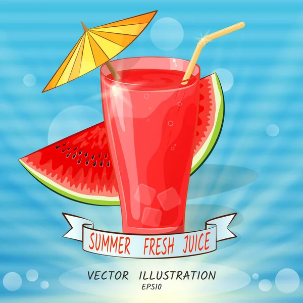 玻璃与红色果汁与雨伞和西瓜在射线, 在蓝色背景, 和水平条纹斑点, 如干扰旧电视. 夏天新鲜果汁。向量 — 图库矢量图片