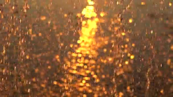 Falling golden drops water of fountain on sunset. Solar path on the water. Slow — Stock Video