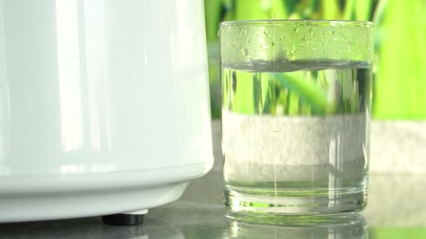 Productie van schoon water of alcohol. Tabel thuisnetwerk of chemische laboratorium Distiller voor productie van zuiver water. Proces van de reinigingsvloeistof. Alcohol mashine. Water te laten vallen in glas. Close-up — Stockvideo