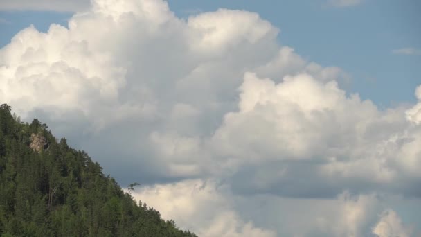 Malebná letní Hora s rychle se pohybující transformací velké objemné mraky nad stromy. Úplný čas HD — Stock video