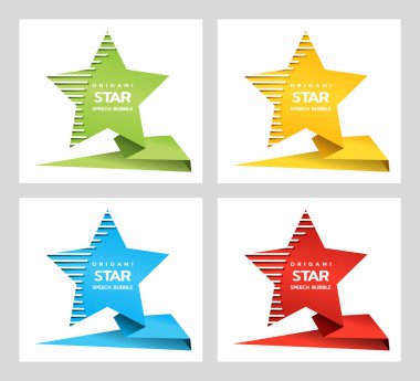 Origami metin konuşma balonu yıldız şeklinde ödül için, beyaz izole. Metin için boşluk ile kağıt origami yıldız kümesi. Vektör
