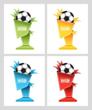 Futbol. Bir spor teması üzerinde Diyalog afiş. Bir futbol topu için kaide şeklinde ödül için Konuşma balonu, beyaz izole. Metin için alan ile kağıt origami kümesi. Vektör