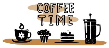 Kahve zamanı basit kroki. Fincan, Fransız basını ve pastalar. Vektör