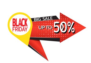 Kara cuma bayrağı. Kırmızı ok indirimler büyük satış işaret eder. El ilanı, poster, kitapçık ta kullanım şablonu. Vektör