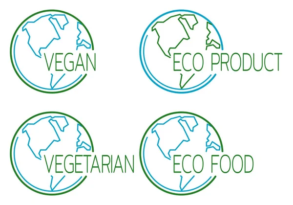 Set of vegan icons with globe outline. Information template for product labels and packing. Vector — Stock Vector