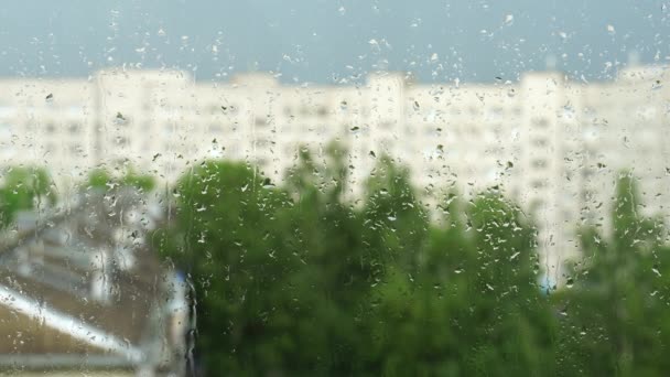 Krople Wody Szybę Letni Deszcz Mieście Zamazane Sylwetki Domów Zielonych — Wideo stockowe