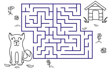 Labirentli siyah renkli sayfalar. Çizgi film köpeği ve kabini. Çocuk eğitimi sanat oyunu. Beyaz arka planda evcil hayvanı olan şablon tasarımı. Taslak vektör