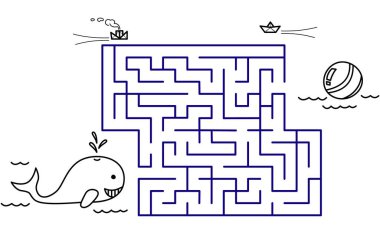 Labirentli siyah renkli sayfalar. Çizgi film balinası ve topu. Çocuk eğitimi sanat oyunu. Beyaz arka planda deniz hayvanı olan şablon tasarımı. Taslak vektör