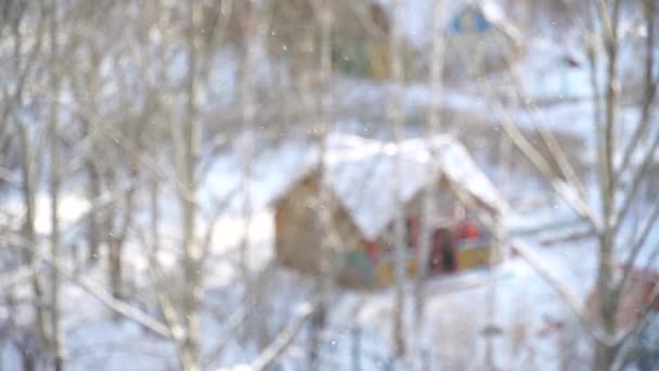 Winterlicher Schneefall Flauschige Schneeflocken Fliegen Wirbeln Wind Niedliches Holzhaus Schnee — Stockvideo