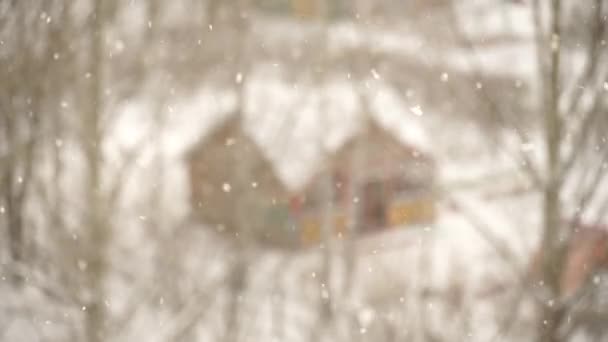 Nieve Invierno Copos Nieve Esponjosos Vuelan Giran Viento Linda Casa — Vídeos de Stock