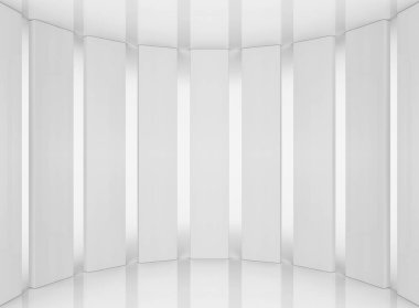 3D render. Beyaz uzun dikdörtgen çubukları satır gri yansıma katta. 