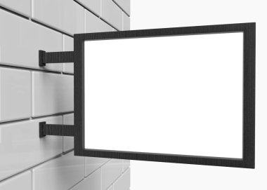 3D render. Beyaz kare boyut sahte tabela kırpma yolu ile tuğla duvara asılı siyah wiid çerçeve ile yukarı.