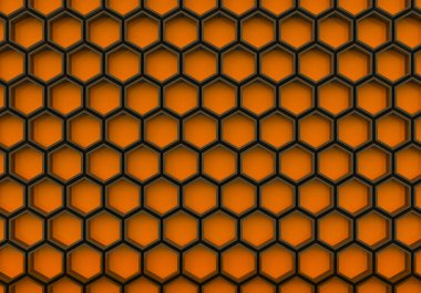 3D render. Siyah ve turuncu altıgen şekil duvar arka plan.